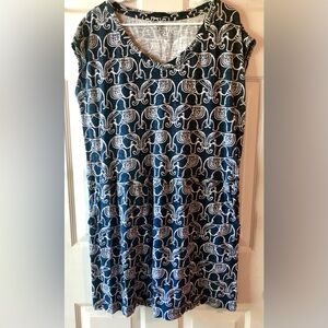Crown & Ivy Navy Blue White Elephant Print Cotton Knit Tee Shirt Dress 1X Pocket